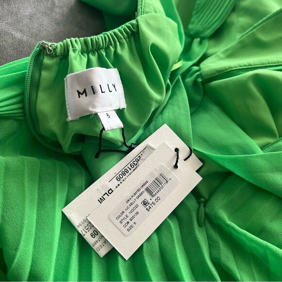 MILLY Oria Pleated Sleeveless Cross Back Dress, Kelly Green, NWT, Size 6 - Picture 15 of 16